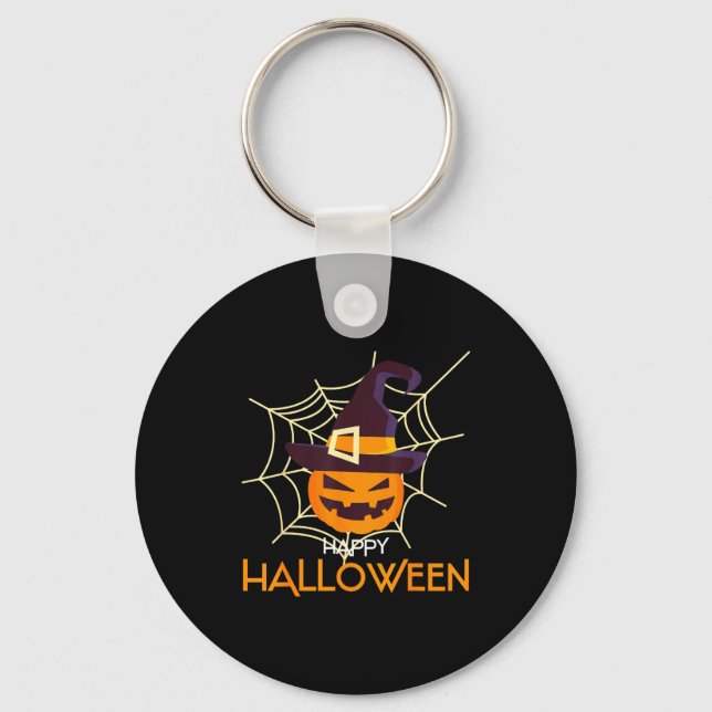 Pumpkin face jack o lantern spider web halloween  keychain (Front)