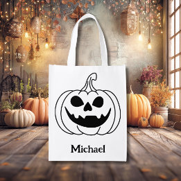 Pumpkin Face Jack O Lantern With Name Reusable Grocery Bag