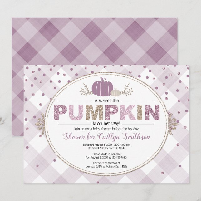 Pumpkin fall baby shower gingham confetti purple invitation (Front/Back)