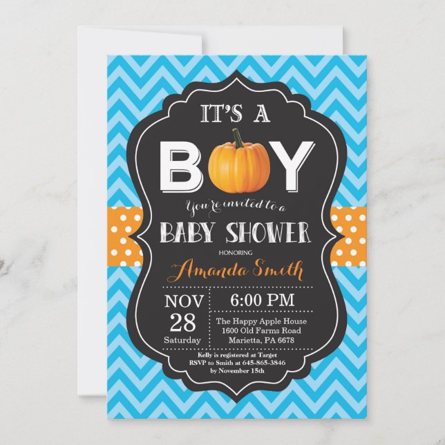 Pumpkin Fall Baby Shower Invitation Blue Chevron (Front)