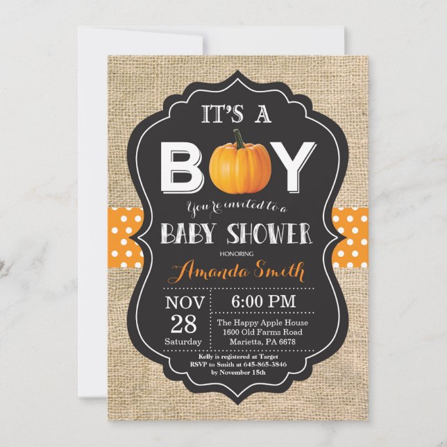 Pumpkin Fall Baby Shower Invitation Card Burlap (Front)