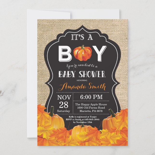 Pumpkin Fall Baby Shower Invitation Card Burlap (Front)