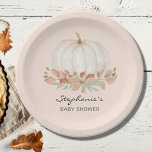 Pumpkin Fall Baby Shower  Paper Plate<br><div class="desc">This cute fall baby shower paper plate features a watercolor pumpkin and foliage on a soft beige background. Perfect for a gender-neutral baby shower. Easily customizable. Because we create our artwork you won't find this exact image from other designers. Original Watercolor © Michele Davies.</div>