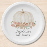 Pumpkin Fall Baby Shower  Paper Plate<br><div class="desc">This cute fall baby shower paper plate features a watercolor white pumpkin and soft pastel foliage. Perfect for a gender-neutral baby shower. Easily customizable. Because we create our artwork you won't find this exact image from other designers. Original Watercolor © Michele Davies.</div>