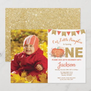 Pumpkin Fall Birthday Invitation Gold Glitter