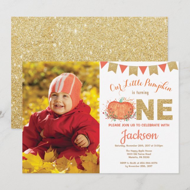 Pumpkin Fall Birthday Invitation Gold Glitter (Front/Back)