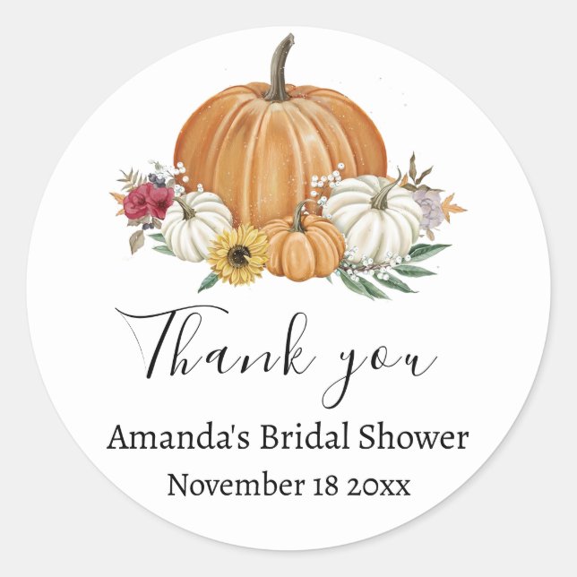 Pumpkin Fall Bridal Shower Favour  Classic Round Sticker (Front)