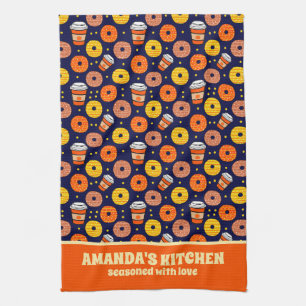 Pumpkin Fall Doughnuts & Coffee Thanksgiving Blue Kitchen Towel