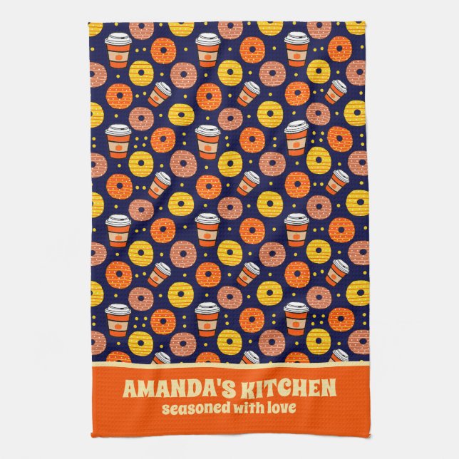 Pumpkin Fall Doughnuts & Coffee Thanksgiving Blue Kitchen Towel (Vertical)
