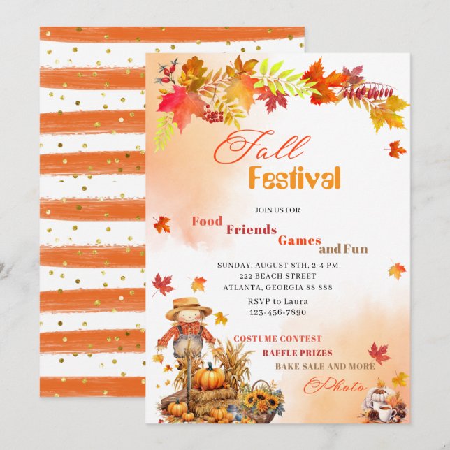 Pumpkin Fall Festival Watercolor Invitation (Front/Back)