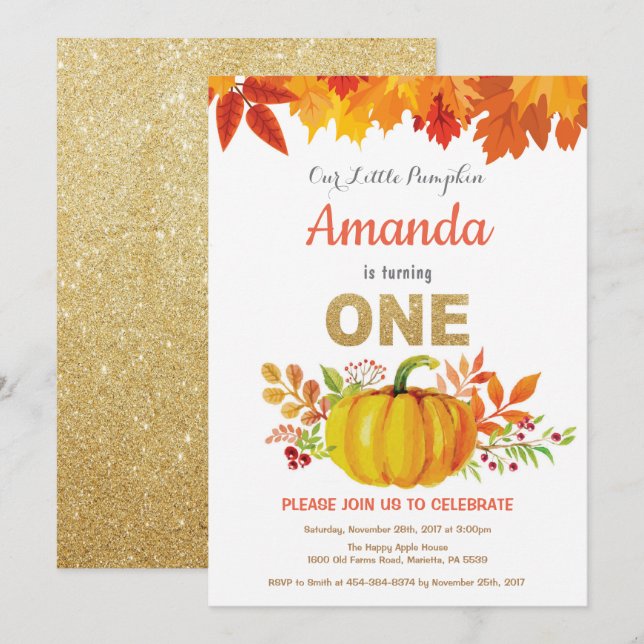 Pumpkin Fall First Birthday Gold Glitter Invitation (Front/Back)