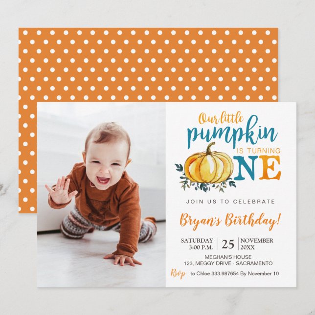 Pumpkin Fall First Birthday invitation photography (Front/Back)