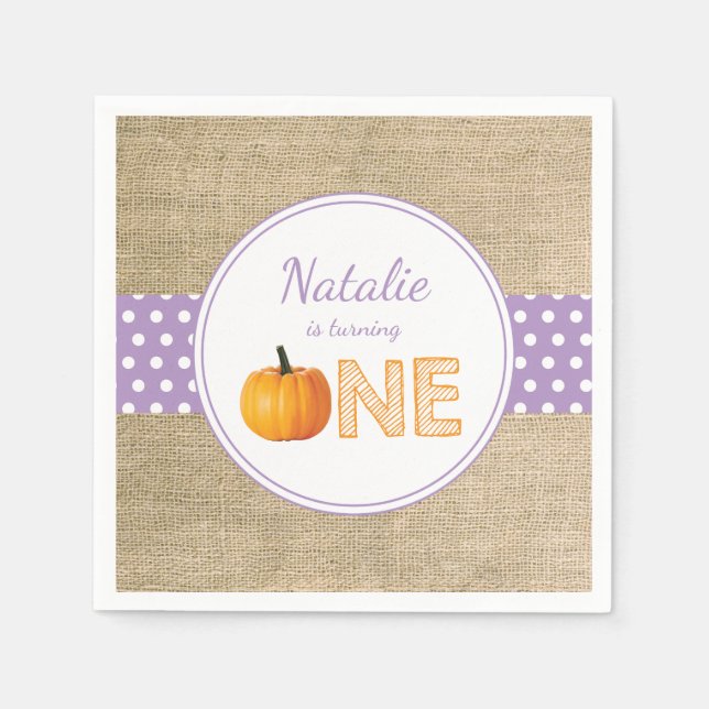Pumpkin Fall First Birthday Party Purple Burlap Napkin (Front)