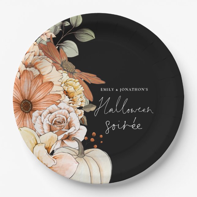 Pumpkin Fall Florals Script Halloween Soirée Black Paper Plate (Front)