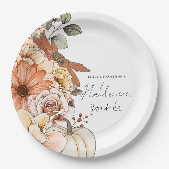 Pumpkin Fall Florals Script Halloween Soirée  Paper Plate (Front)