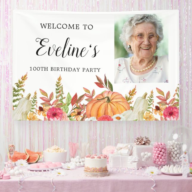 Pumpkin Fall Flowers 100th Birthday Welcome Banner (Party)