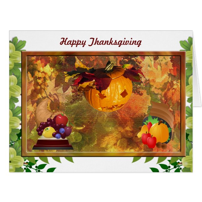 Pumpkin Fall Foliage Fruit Happy Thanksgiving Card (Front Horizontal)