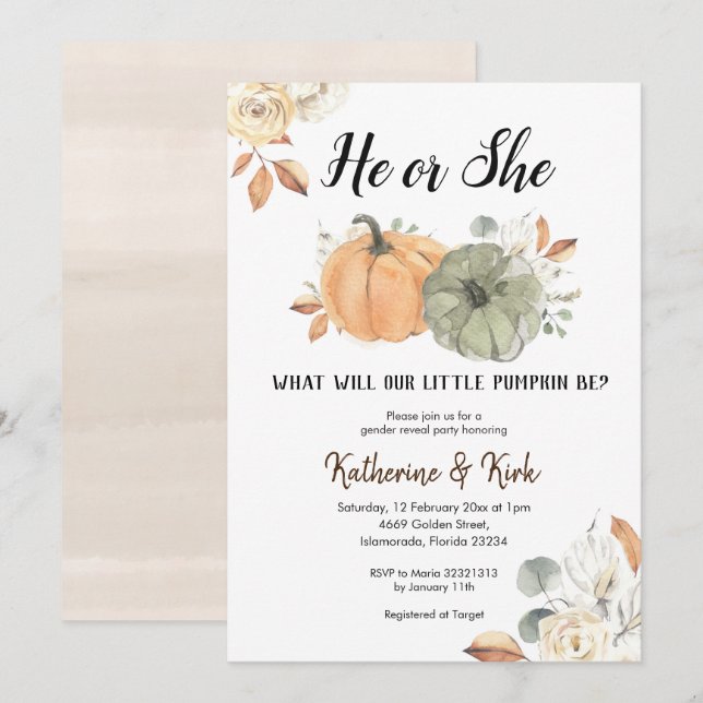 Pumpkin Fall Gender Reveal Party Invitation (Front/Back)
