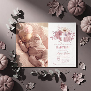 Pumpkin Fall Girl Baptism Dusty Pink Photo Invitation