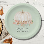 Pumpkin Fall Green Baby Shower  Paper Plate<br><div class="desc">This cute fall baby shower paper plate features a watercolor white pumpkin and foliage on a soft pastel green background. Perfect for a gender-neutral baby shower. Easily customizable. Because we create our artwork you won't find this exact image from other designers. Original Watercolor © Michele Davies.</div>