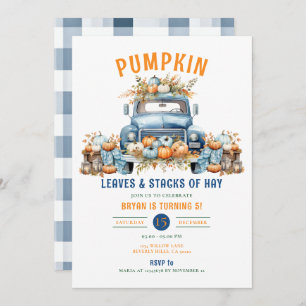 Pumpkin Fall leaves and stacks of hay 5th Birthday Invitation