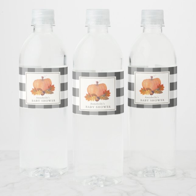 Pumpkin Fall Leaves Buffalo Check Baby Shower Water Bottle Label (Bottles)