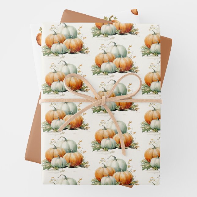 Pumpkin Fall Neutral Baby Shower Wrapping Paper Sheet (In situ)