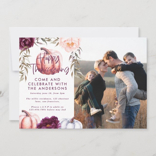 pumpkin fall purple thanksgiving photo invitation (Front)