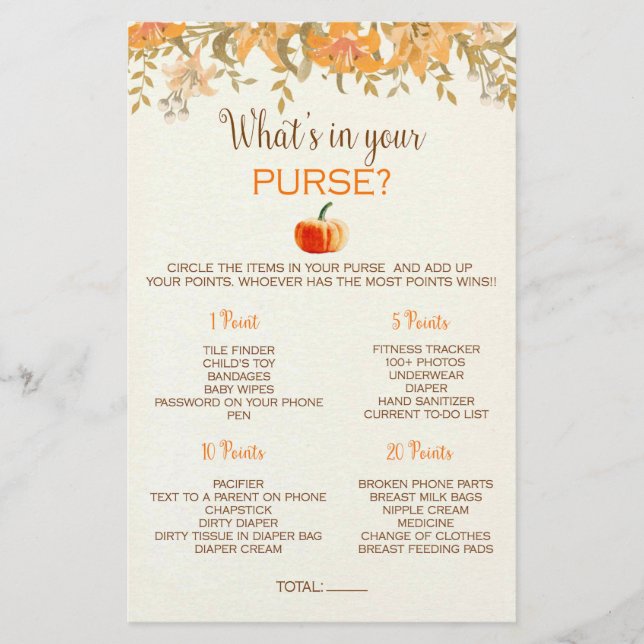 Pumpkin Fall What's in Your Purse Baby Shower Game Flyer (Front)