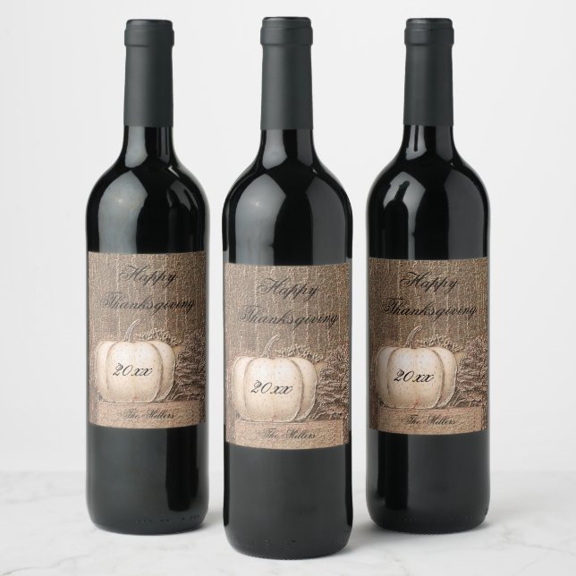 Pumpkin Fall White Gold Metallic Elegant Country Wine Label (Bottles)