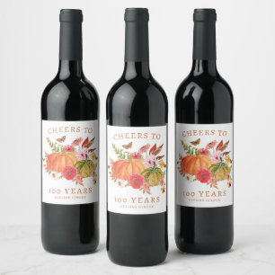 Pumpkin Fall Wildflower Floral 100th Birthday Wine Label