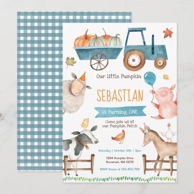 Pumpkin Farm Birthday Invitation Fall Farm Party (Front/Back)