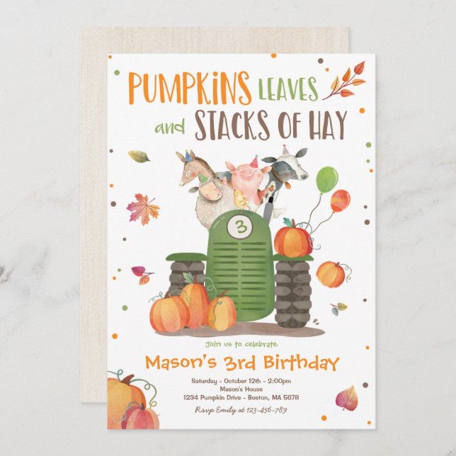 Pumpkin Farm Party Pumpkin Tractor Birthday Party Invitation (Front/Back)