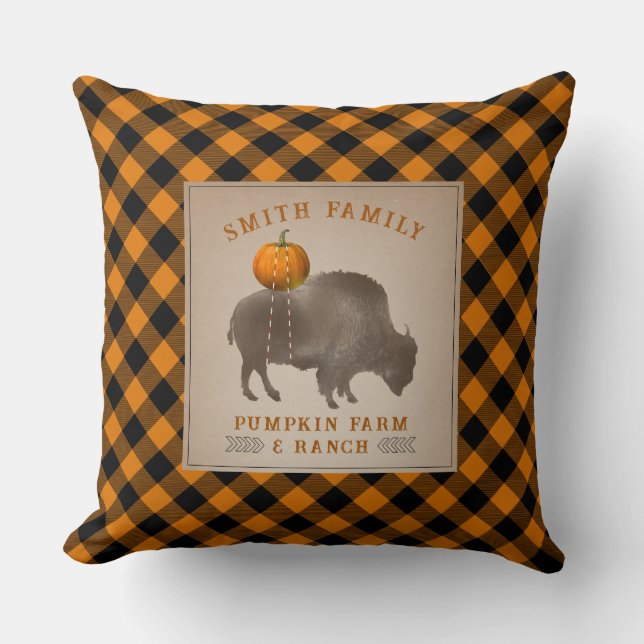Pumpkin Farm Ranch Bison Buffalo Plaid Throw Pillow (Front)