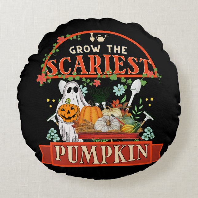 Pumpkin Farmer Halloween Round Pillow (Front)