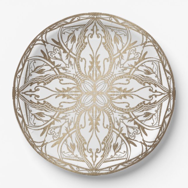 Pumpkin Filigree in gold on white Paper Plate (Front)