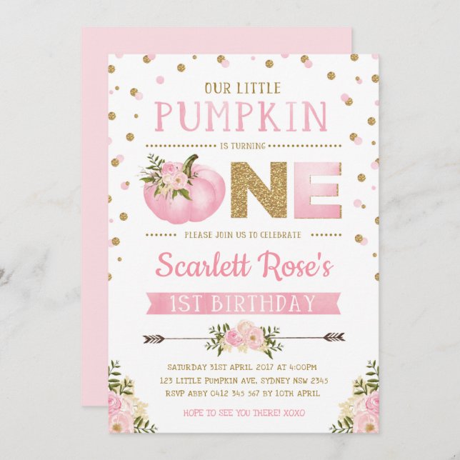 Pumpkin First 1st Birthday Invitation Pink & Gold (Front/Back)