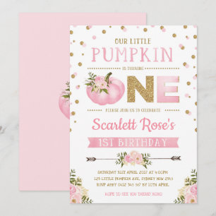 Pumpkin First 1st Birthday Invitation Pink & Gold