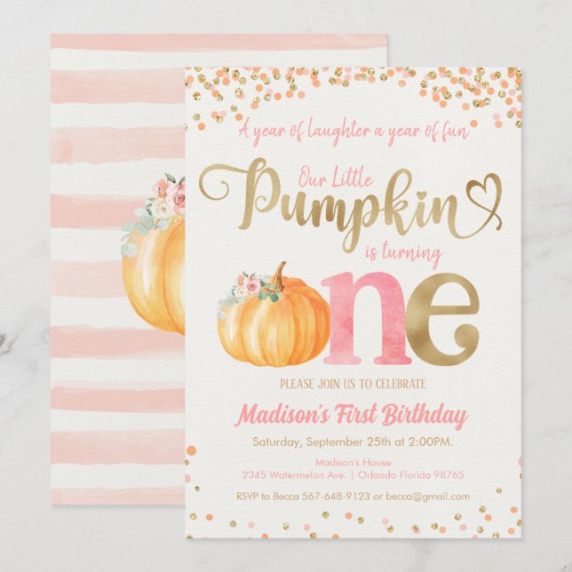 Pumpkin First Birthday Invitation (Front/Back)