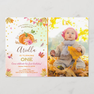 Pumpkin First birthday invitation Autumn Fall Pink