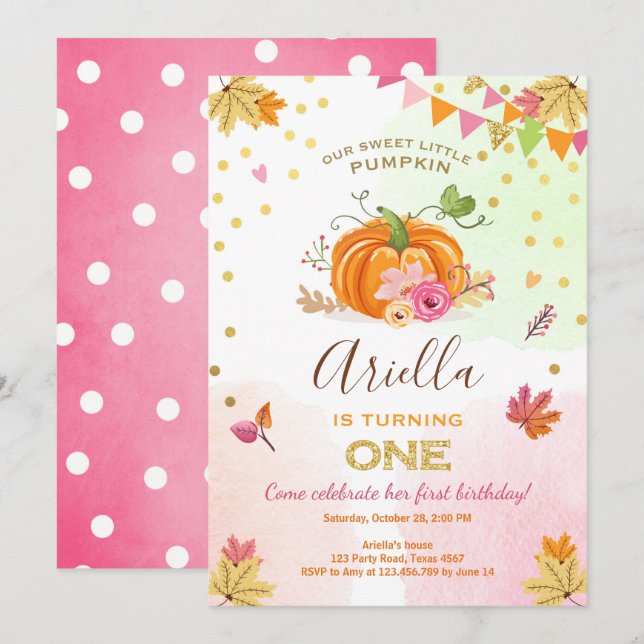 Pumpkin First birthday invitation Autumn Fall Pink (Front/Back)