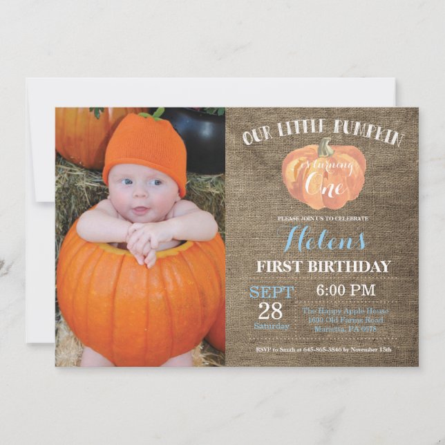 Pumpkin First Birthday Invitation Blue Burlap (Front)