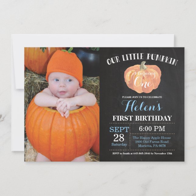 Pumpkin First Birthday Invitation Blue Chalkboard (Front)