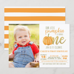 Pumpkin First Birthday Invitation for Boy w/Photo