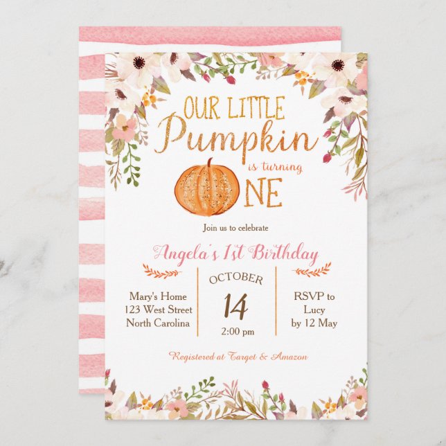 Pumpkin First Birthday Invitation Gold Glitter (Front/Back)