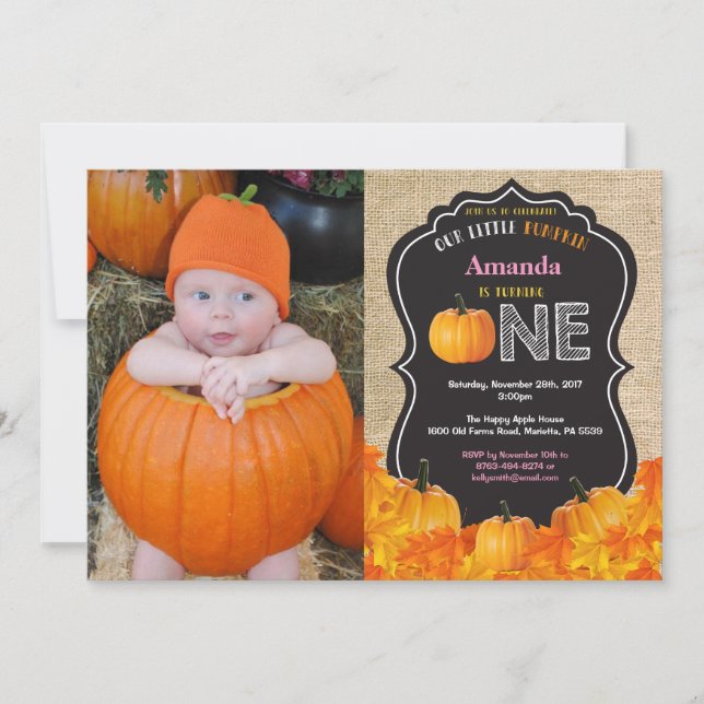Pumpkin First Birthday Invitation Orange Burlap (Front)