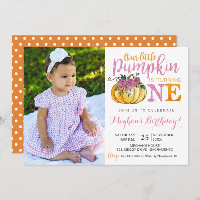 Pumpkin first birthday invitation photo card (Front/Back)