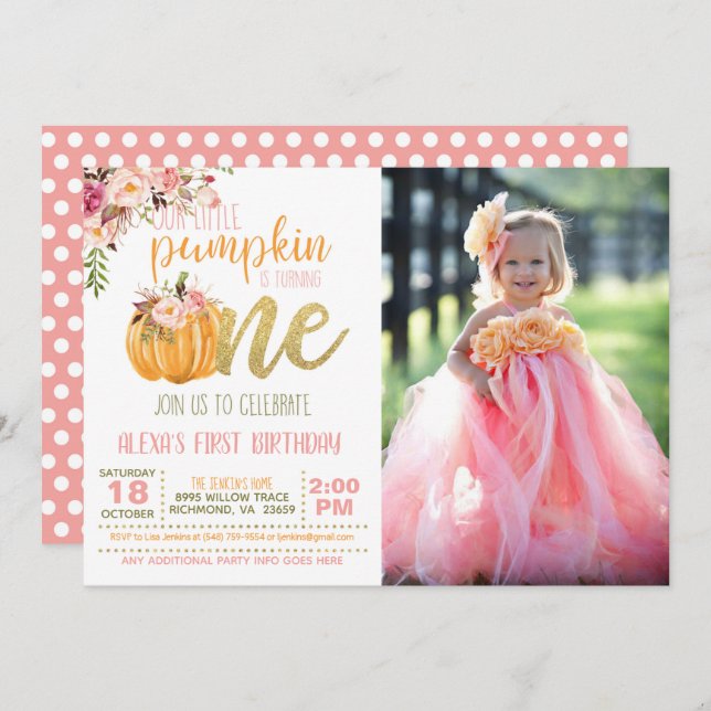 Pumpkin First Birthday Invitation Photo - FL Girl (Front/Back)