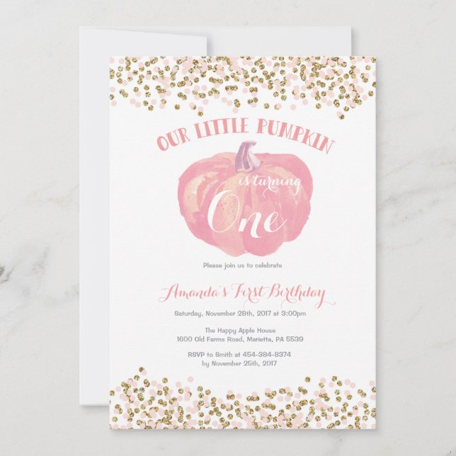 Pumpkin First Birthday Invitation Pink and Gold (Front)