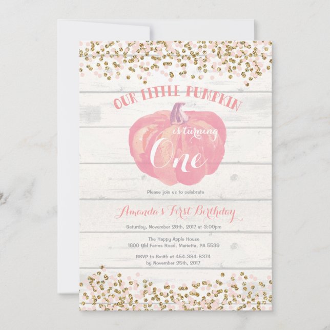 Pumpkin First Birthday Invitation Pink and Gold (Front)